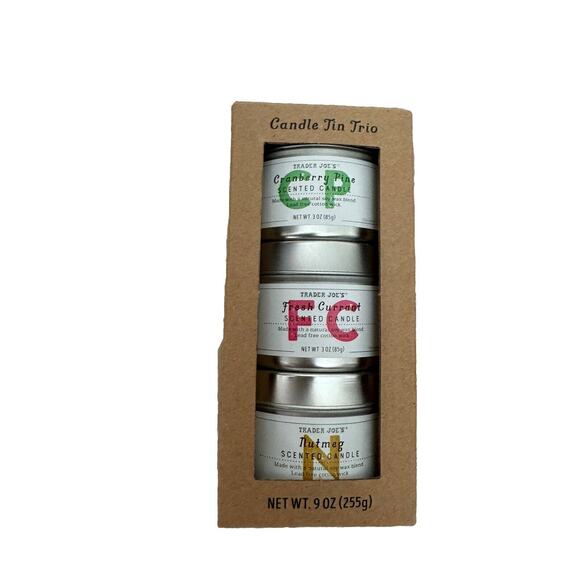 Trader Joe's Candle Tin Trio NEW Cranberry Pine Fresh Currant Nutmeg - Picture 1 of 3